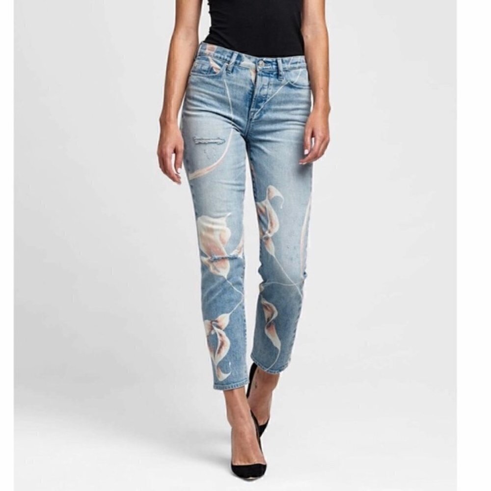 NWT Hudson Jeans High Waisted Light Blue Straight Leg Boho Floral Print Size 24